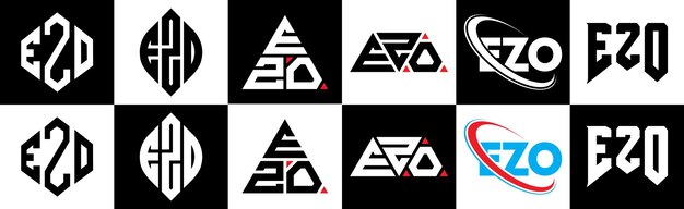 Vettore design del logo della lettera ezo in sei stili ezo poligono cerchio triangolo esagono stile piatto e semplice con variazione di colore in bianco e nero logo della lettera impostato in una tavola da disegno logo ezo classico e minimalista