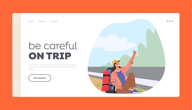 Vector f freedom outdoor travel landing page template female character hitchhiker sitting with backpack by the roadside