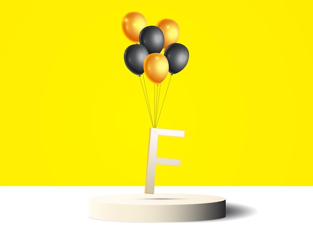 F letter design hanging with golden and black balloons