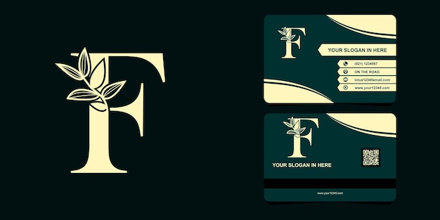 Вектор Плоский логотип шрифта буквы f с векторным логотипом листа и шаблоном визитной карточки.