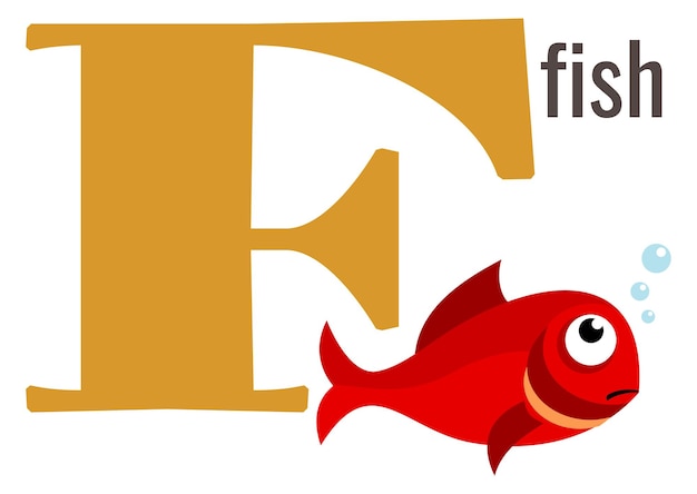 Значок буквы f рыба на карточке с мультяшным алфавитом