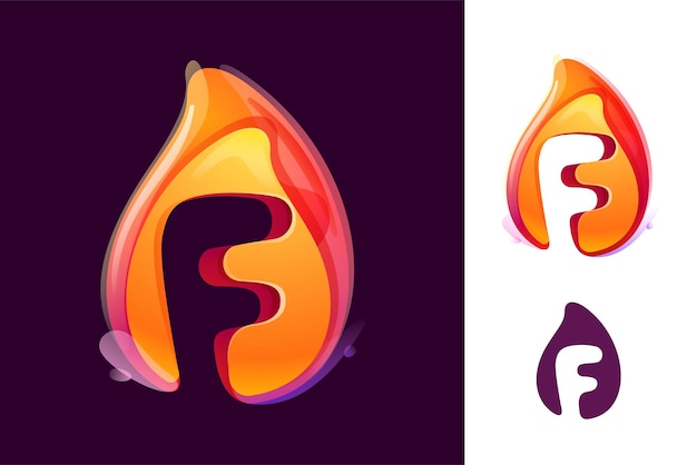 Vettore logo della lettera f nella fiamma del fuoco spazio negativo icona realistica 3d iniziale vibrante in stile acquerello