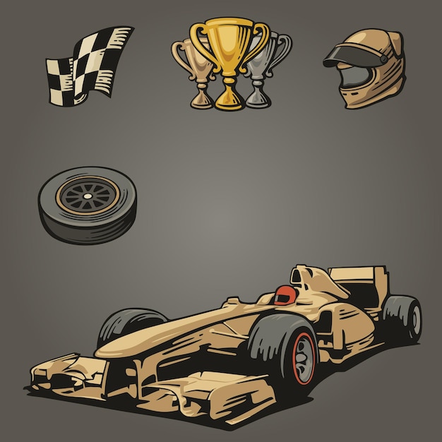 Vector f1 car sport set symbols vector vintage engraving set illustration handmade gray background