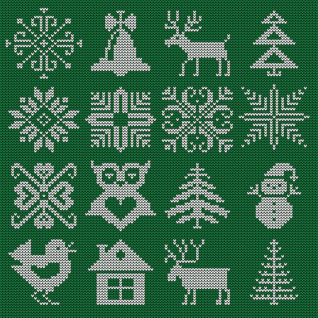 Fabric knitted logo Xmas ornament on clothes handicraft woolen symbols scandinavian scheme textile objects snowflakes pathwork recent vector illustrations