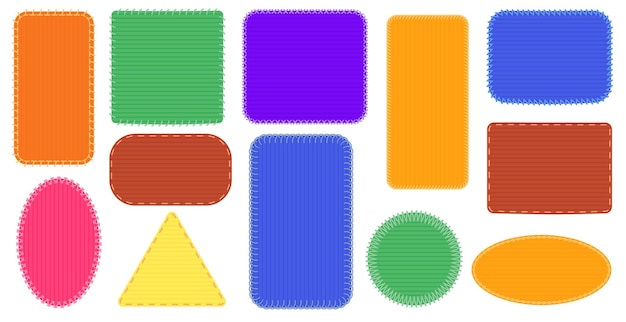 Cornici per toppe in tessuto. cuciture triangolari e rettangolari, badge colorato ovale, illustrazione della cornice del punto in tela