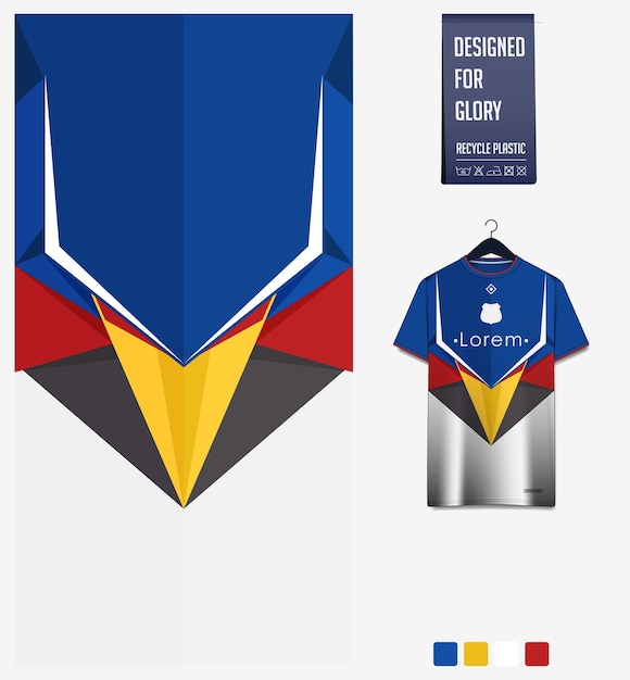 ベクトル サッカー ジャージやサッカー キットの生地パターン デザイン。青の背景に未来的なパターン。