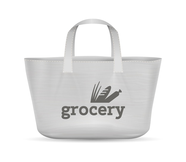fabric shopping bag realistic handbag for purchases from grocery shop white reusable textile packaging with lettering isolated ecofriendly empty sack for food products vector package