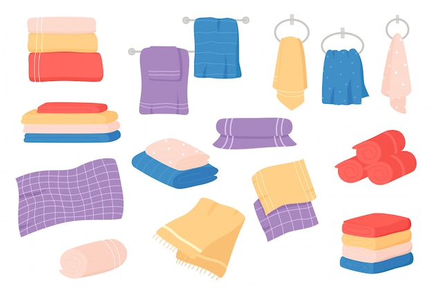 Vettore set asciugamani in tessuto. asciugamano di stoffa per bagno, igiene. cartone animato tessile bagno.
