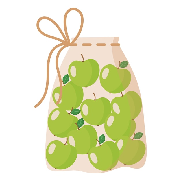 青リンゴのビニール袋を使用せずに食品、野菜、果物を計量するための布製の透明な再利用可能なエコバッグ。環境コンセプトへの配慮