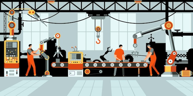 Fabriek assemblagelijn industriële robotarm transportband machines ingenieur werknemers automatische technologie auto productie concept vector illustratie