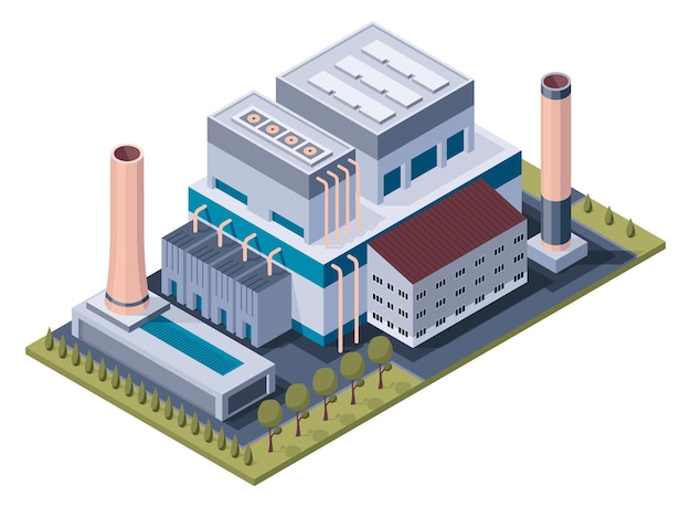 Fabriek isometrisch Architectuur van fabricage gebouw Concept van industriële werkende fabriek met schoorsteen toren of pijpen 3d geïsoleerde icoon