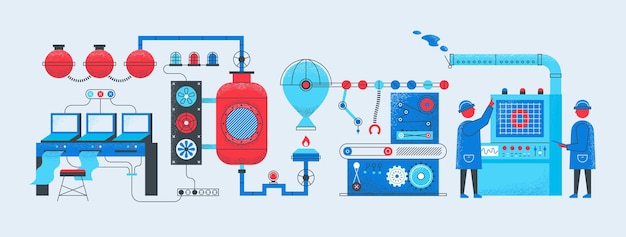 Vector fabriek transportband concept. industrieel fabricagetechnologieproces, geautomatiseerde slimme fabriek. productie vectorillustratie