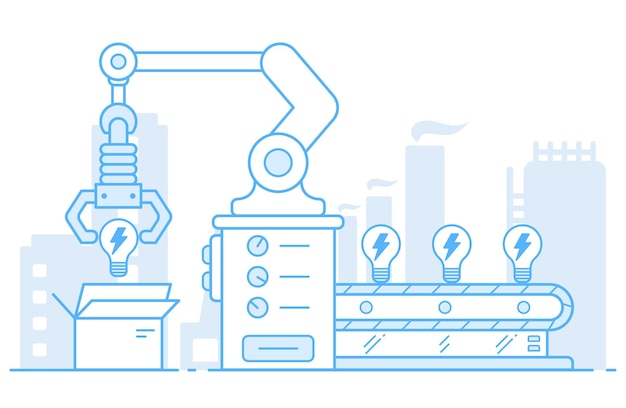 Fabriek transportband illustratie. Robotarmen die gloeilamp inpakken. Automatisering, slimme industriële ro