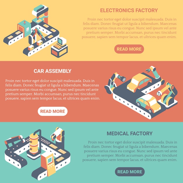 Fabrieksautomatisering plat isometrische horizontale banner set