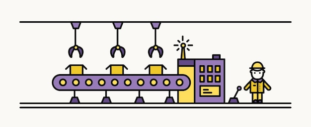 Vector fabrieksbandtransporteur uitgerust met hangende robotmanipulatoren die dozen transporteren en een industriële werknemer met een helm die op het bedieningspaneel staat. gekleurde vectorillustratie in lijn kunststijl.