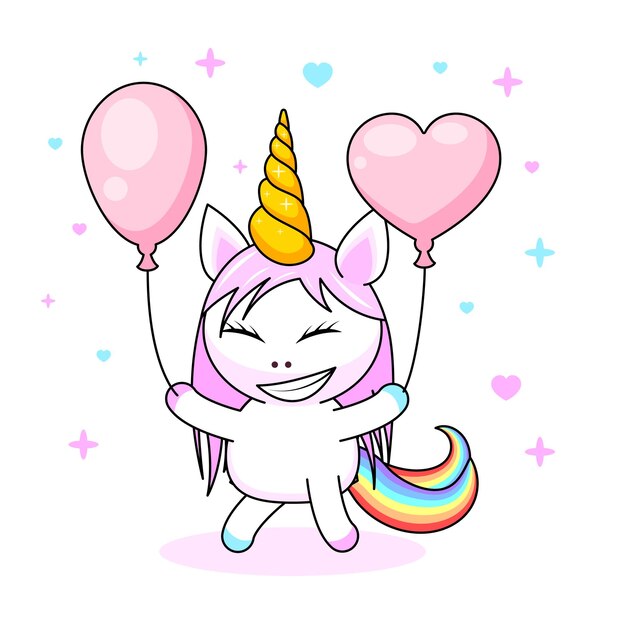 Vector fabulous abstract color cute unicorn with balloons horn verjaardag vector design kaart stijl