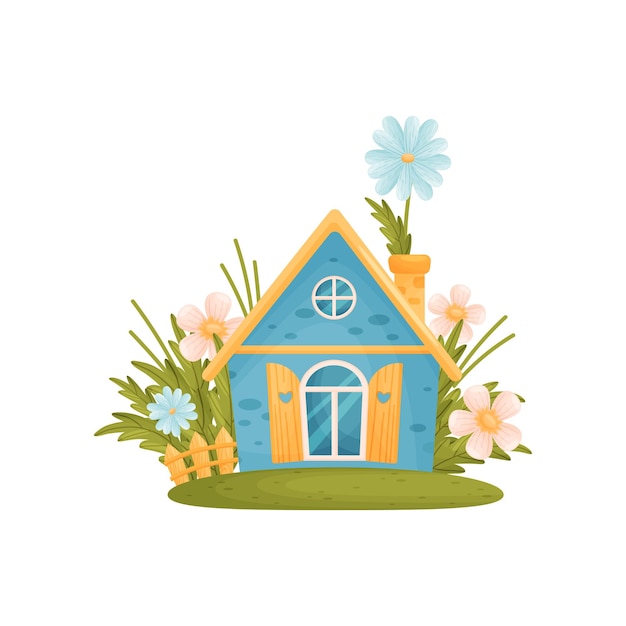 Vector fabulous blue house with a fence among the flowers vector illustration on white background