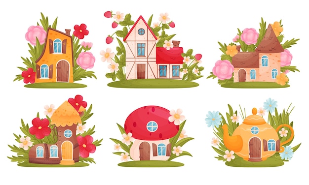 Vector fabulous houses surrounded by grass and flowers vector set