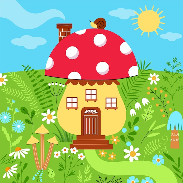 Vettore favolosa casa di funghi magici carino alloggiamento da favola fly agaric con finestre sul prato estivo cartone animato divertente edificio vettore illustrazione