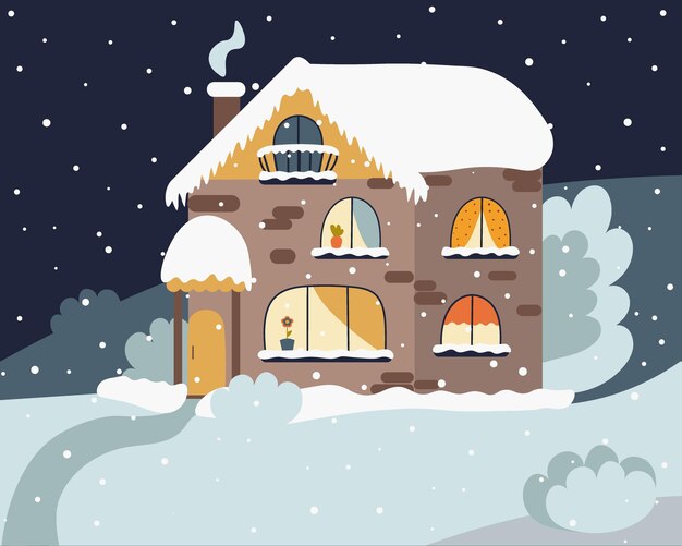 Сказочный двухэтажный дом в зимнем пейзаже праздник рождества христова дом бабушки и дедушки выходного дня дизайн открытки или баннера плоская иллюстрация
