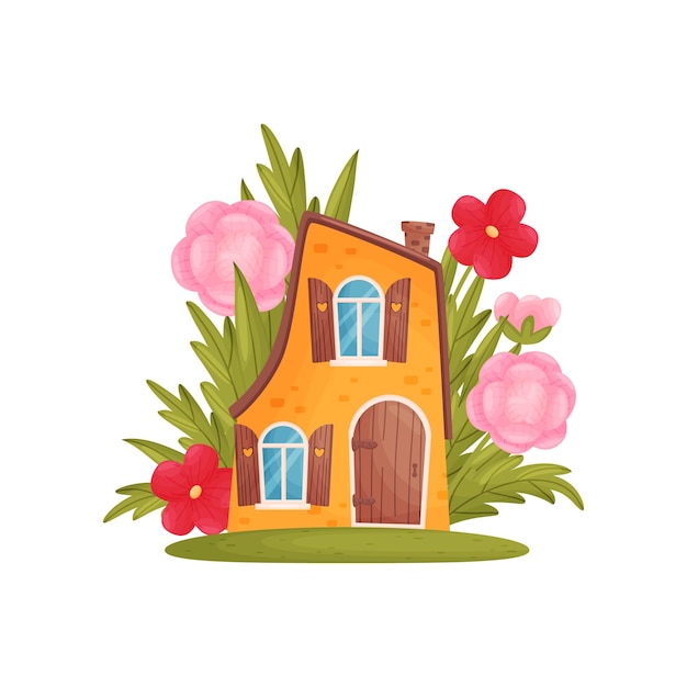 Vector fabulous twostory orange house in the grass and pink colors vector illustration on white background