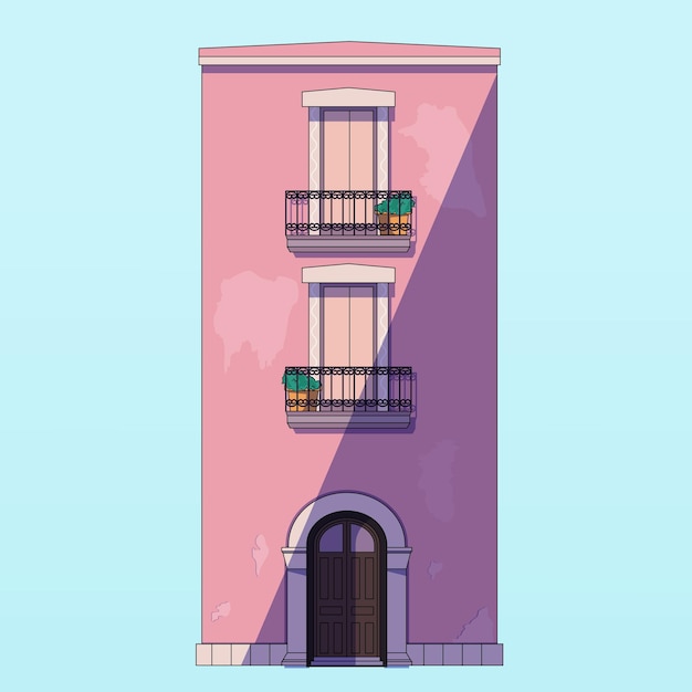 Vector facade of a building in italy, the architecture is old, beautiful pink color, vector illustration