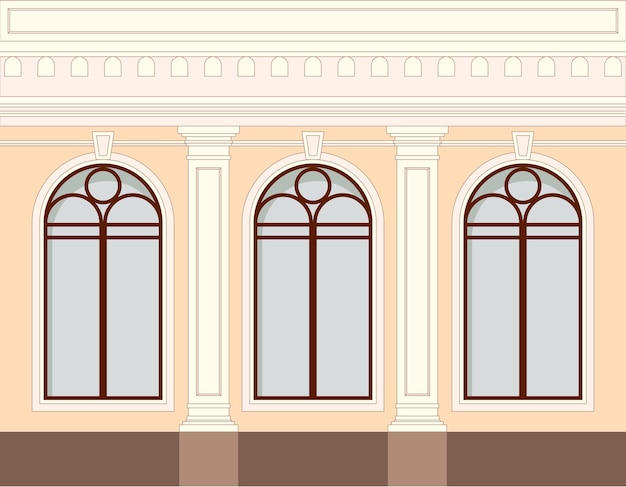 Vector facade of the building one floor with windows and decorative elements of a column balustrade