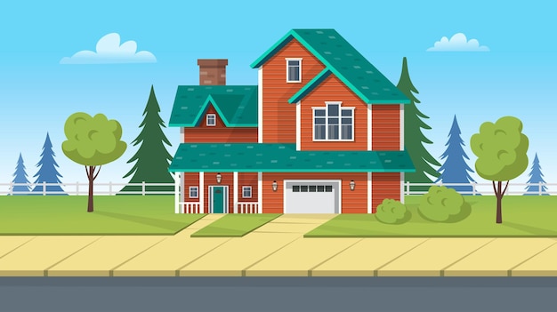 facade building, suburban house with garage and green lawn. vector cartoon illustration for games or animation.