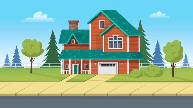 Facade building, suburban house with garage and green lawn. vector cartoon illustration for games or animation.