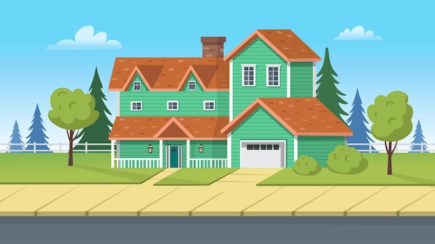 Vector facade building, suburban house with garage and green lawn. vector cartoon illustration for games or animation.