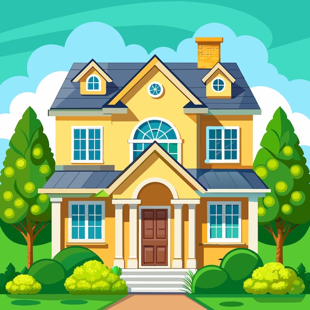 Vector facade building suburban house with garage and green lawn vector cartoon illustration for games or