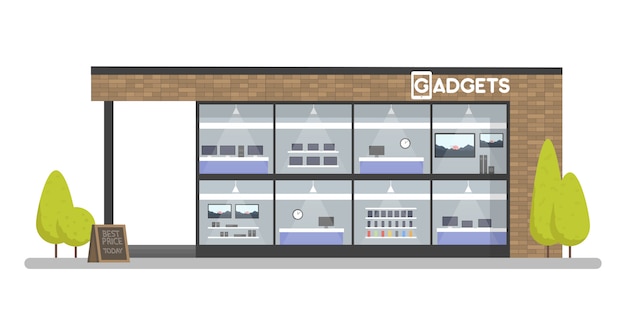 Vector facade of gadgets and electronics store. template concept for the website, advertising sales