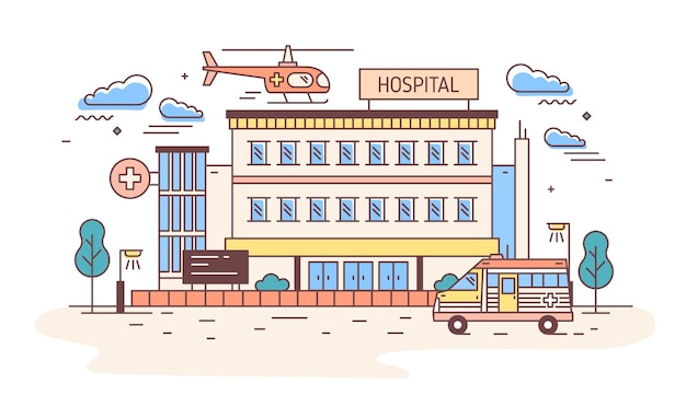 Facade of hospital, clinic, infirmary or medical center building with helicopter landing on top of it and ambulance. Healthcare institution. Colorful vector illustration in modern linear style.