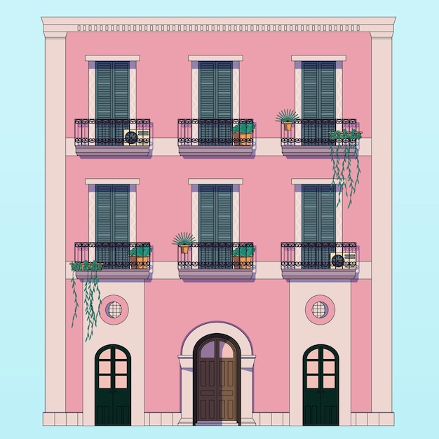 Вектор Фасад большого дома из италии, большие балконы и двери, векторная иллюстрация, розовый цвет