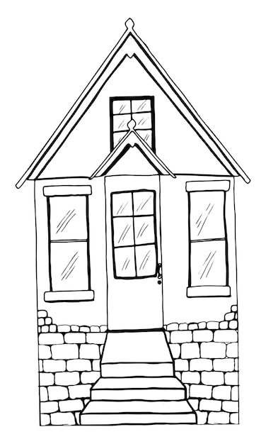 Vector facade of a onestory house with a staircase in doodle style with black liner