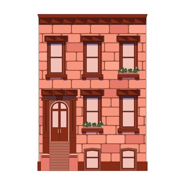 Vector facade of a red brick building with large windows and a beautiful view, vector illustration, old sty