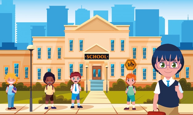 Vector facade of school with cute little students