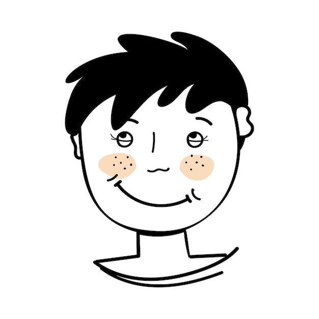 Vector the face of a boy with freckles in the doodle style cheerful thoughtful funny boy