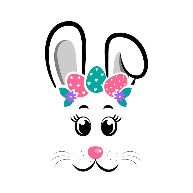 The face of the bunny with a wreath of eggs on white isolated background Easter bunny face