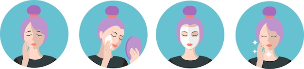 Cura del viso problemi di pelle acne e infiammazione infografica di pulizia routine di cura della pelle fasi di cura della pelle dell'acne passi come applicare la crema per il viso isolata insieme di illustrazioni