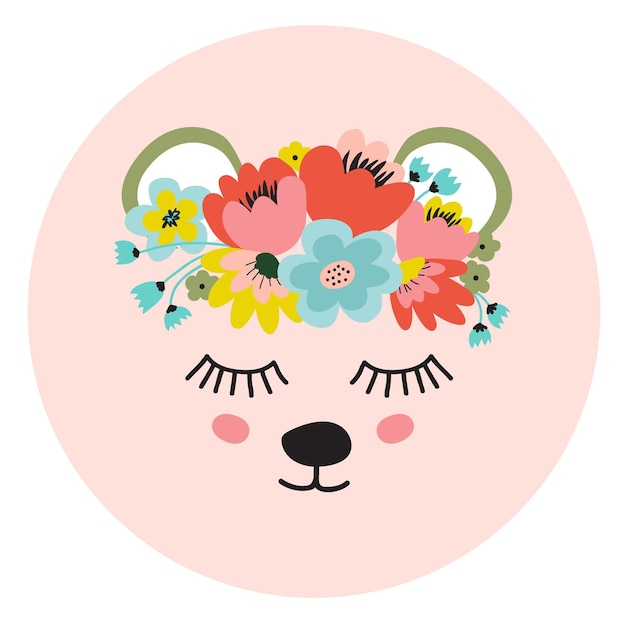 Vector face of cute bear wreath of flowers on his head vector illustration