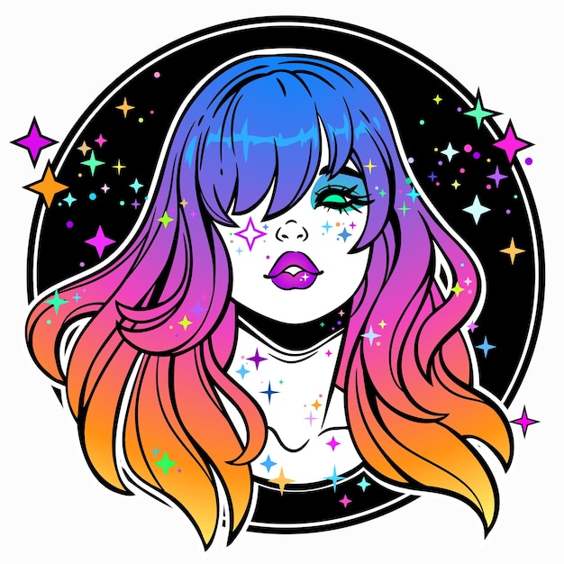 Vector face of cute girl with colorful hair