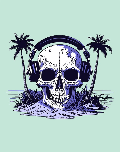 face of dead skull wearing headphones for clothing brand