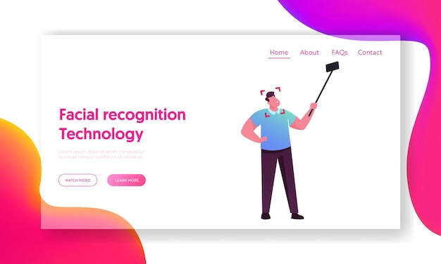 Face Detection, Mobile Phone Security Landing Page Template. Male Character Scanning Face on Smartphone, Id Verification or Biometric Data Scanning, Facial Recognition. Cartoon Vector Illustration