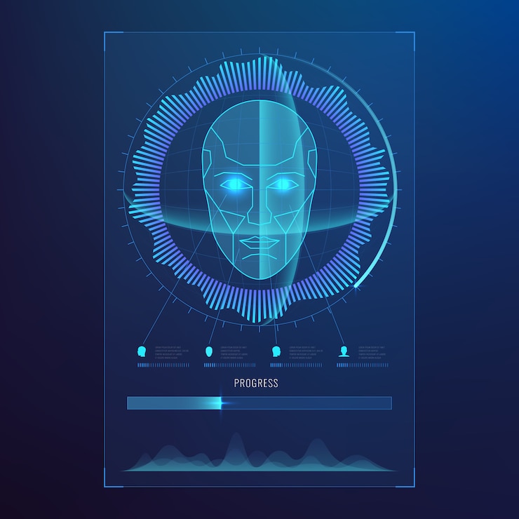 Vector face digital recognition, id faces biometric scanning to safe access abstract