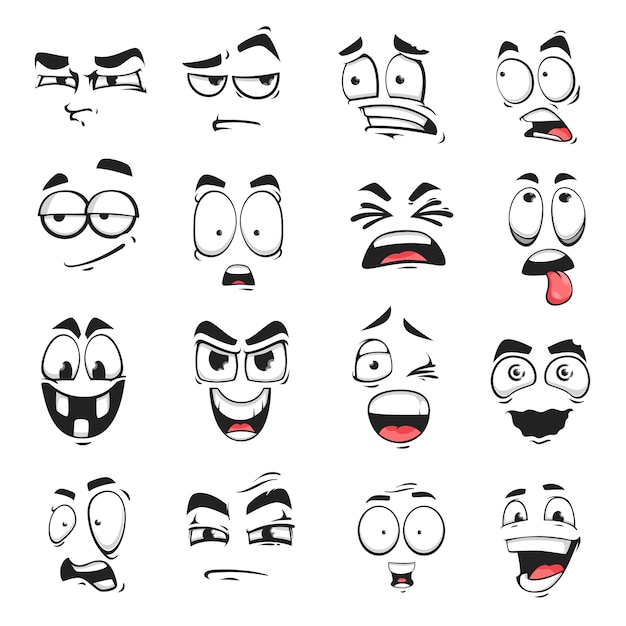 Vector face expression isolated vector icons, cartoon funny emoji suspicious, scared and shocked, grin, smirk or crazy