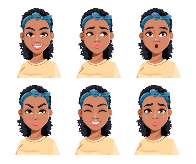 Face expressions of african american woman different female emotions beautiful cartoon character