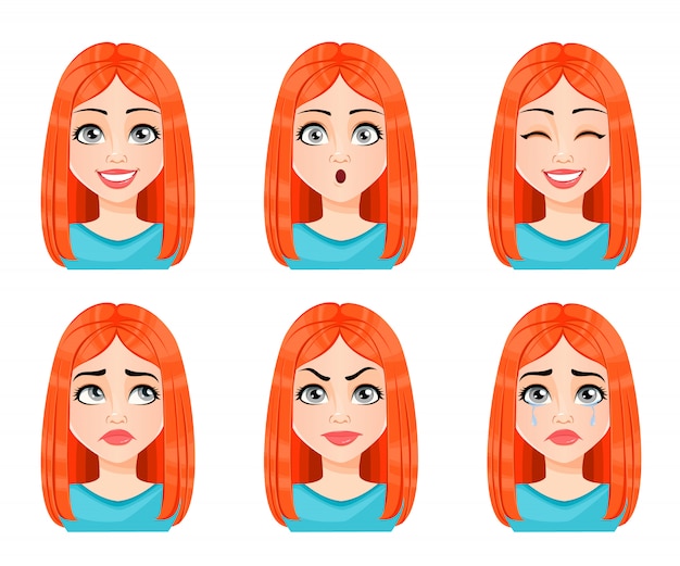 Vector face expressions of beautiful redhead woman