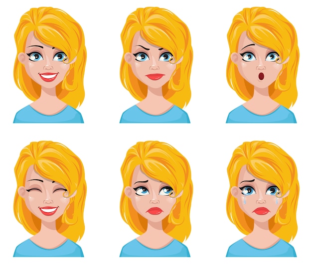 Vector face expressions of cute blonde woman