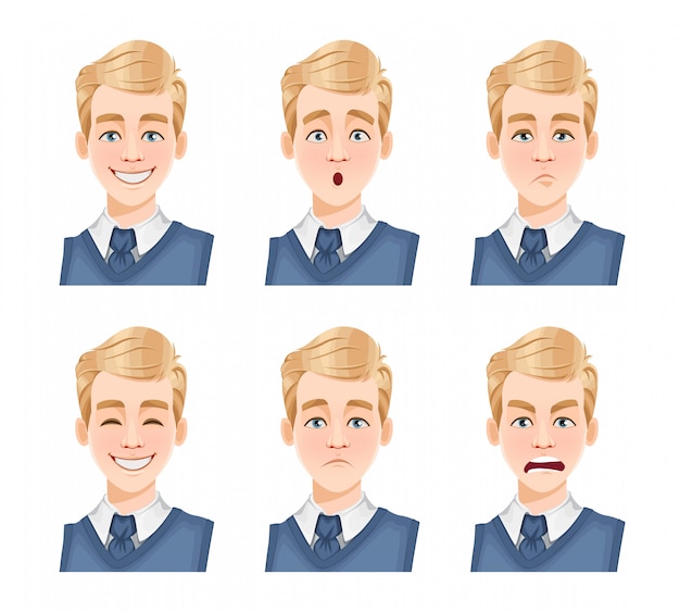 Face expressions of handsome man with blonde hair